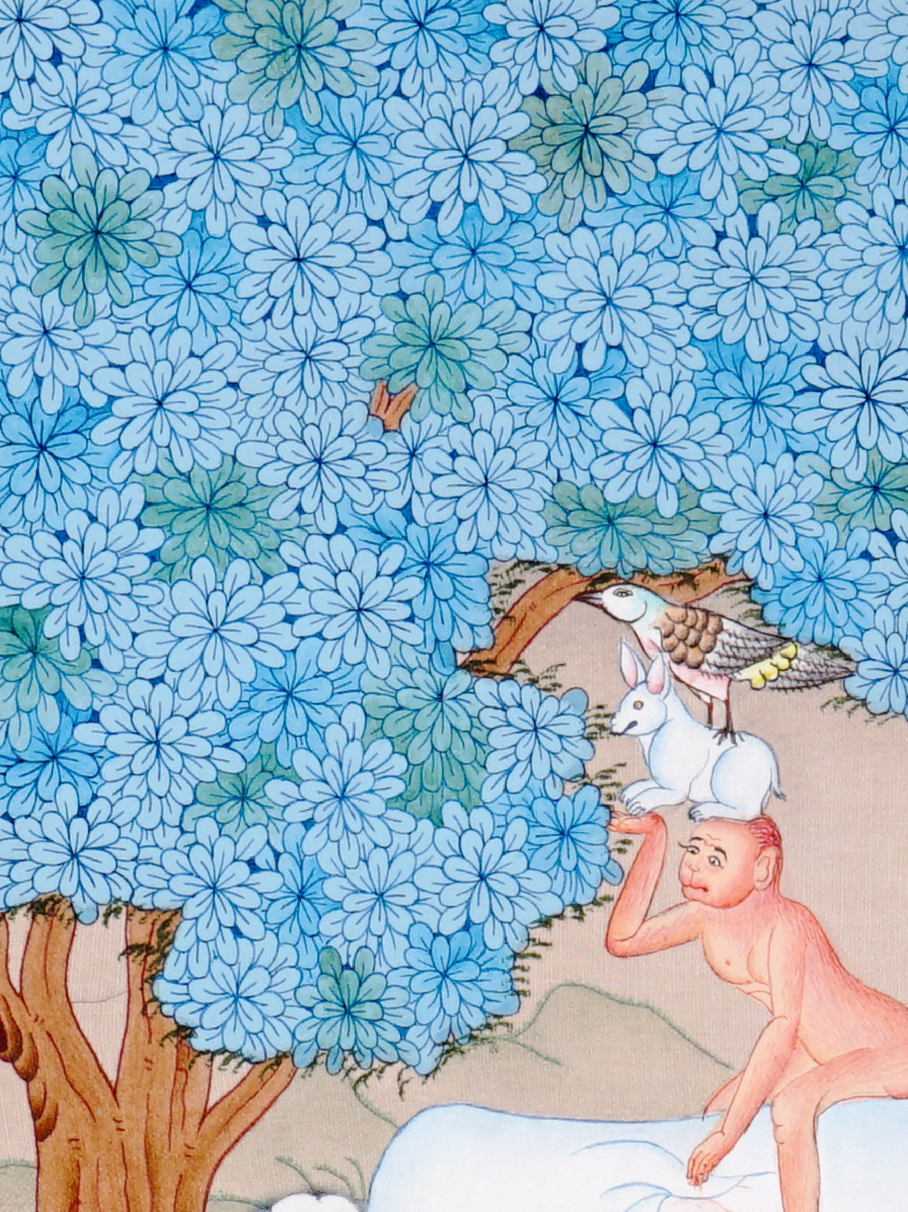 Four Harmonious Friends thangka painting showing an elephant, monkey, rabbit and bird working together beneath a blue flowering tree, symbolising harmony.