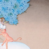 Four Harmonious Friends thangka painting showing an elephant, monkey, rabbit and bird working together beneath a blue flowering tree, symbolising harmony.