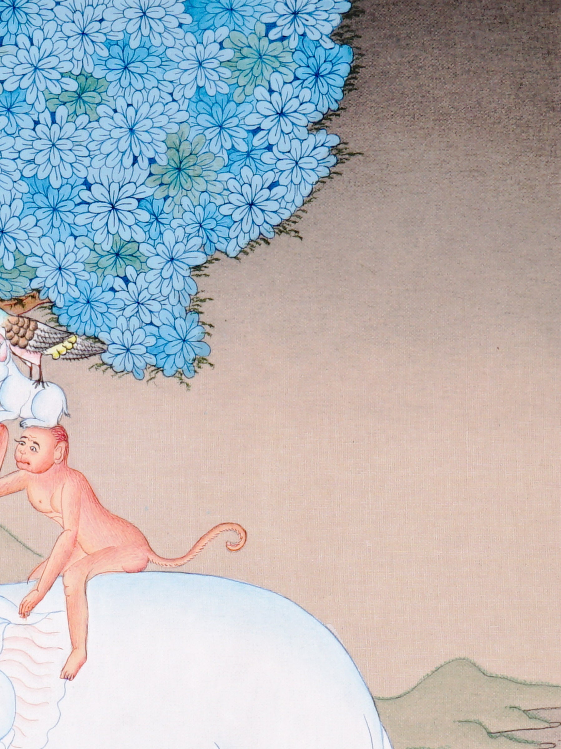 Four Harmonious Friends thangka painting showing an elephant, monkey, rabbit and bird working together beneath a blue flowering tree, symbolising harmony.