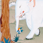 Four Harmonious Friends thangka painting showing an elephant, monkey, rabbit and bird working together beneath a blue flowering tree, symbolising harmony.