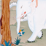 Four Harmonious Friends thangka painting showing an elephant, monkey, rabbit and bird working together beneath a blue flowering tree, symbolising harmony.