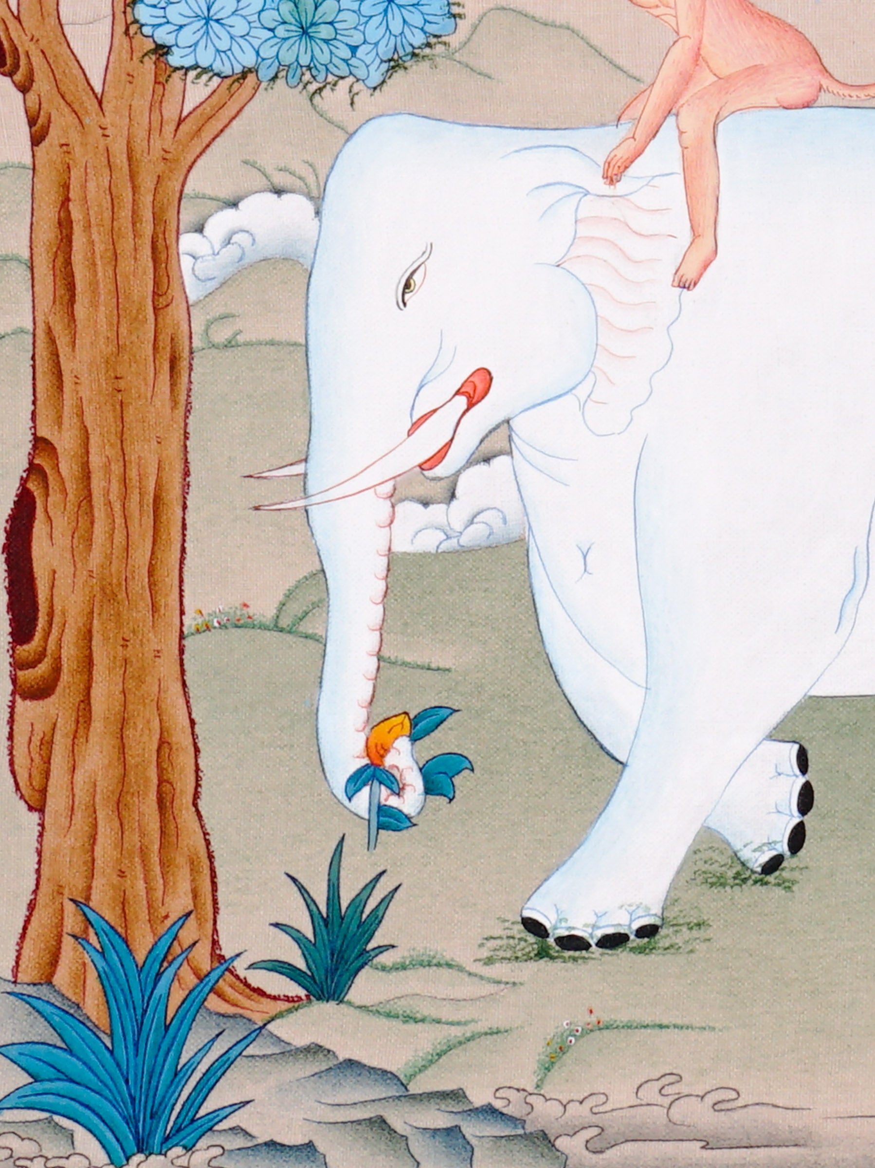 Four Harmonious Friends thangka painting showing an elephant, monkey, rabbit and bird working together beneath a blue flowering tree, symbolising harmony.