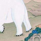 Four Harmonious Friends thangka painting showing an elephant, monkey, rabbit and bird working together beneath a blue flowering tree, symbolising harmony.