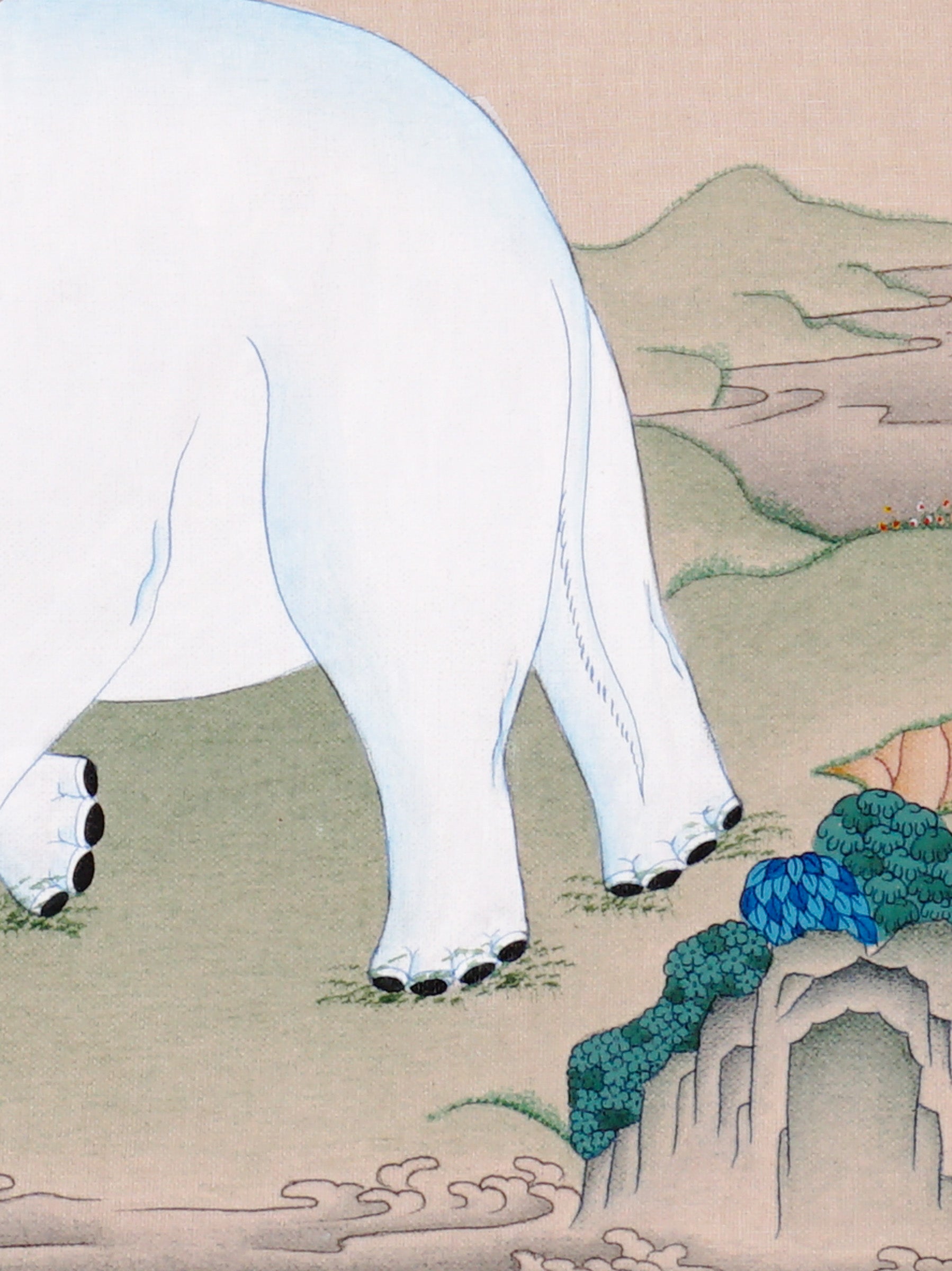Four Harmonious Friends thangka painting showing an elephant, monkey, rabbit and bird working together beneath a blue flowering tree, symbolising harmony.