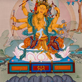 Marichi Oser Chenma thangka painting featuring the Buddhist goddess of light seated on a lotus throne with multiple arms, sacred implements, radiant halo and boar-drawn chariot