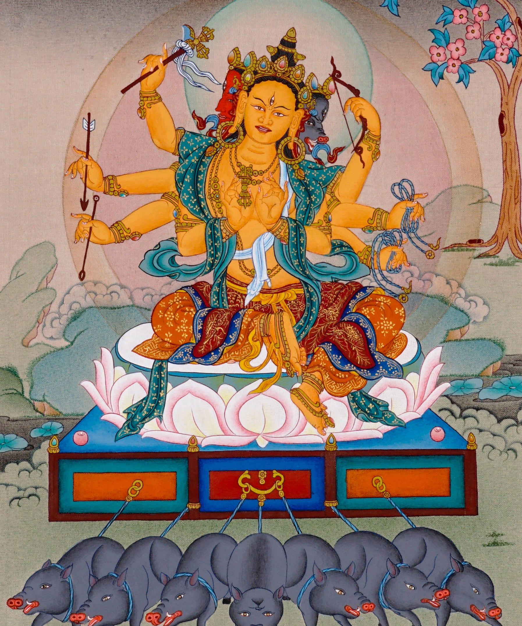 Marichi Oser Chenma thangka painting featuring the Buddhist goddess of light seated on a lotus throne with multiple arms, sacred implements, radiant halo and boar-drawn chariot