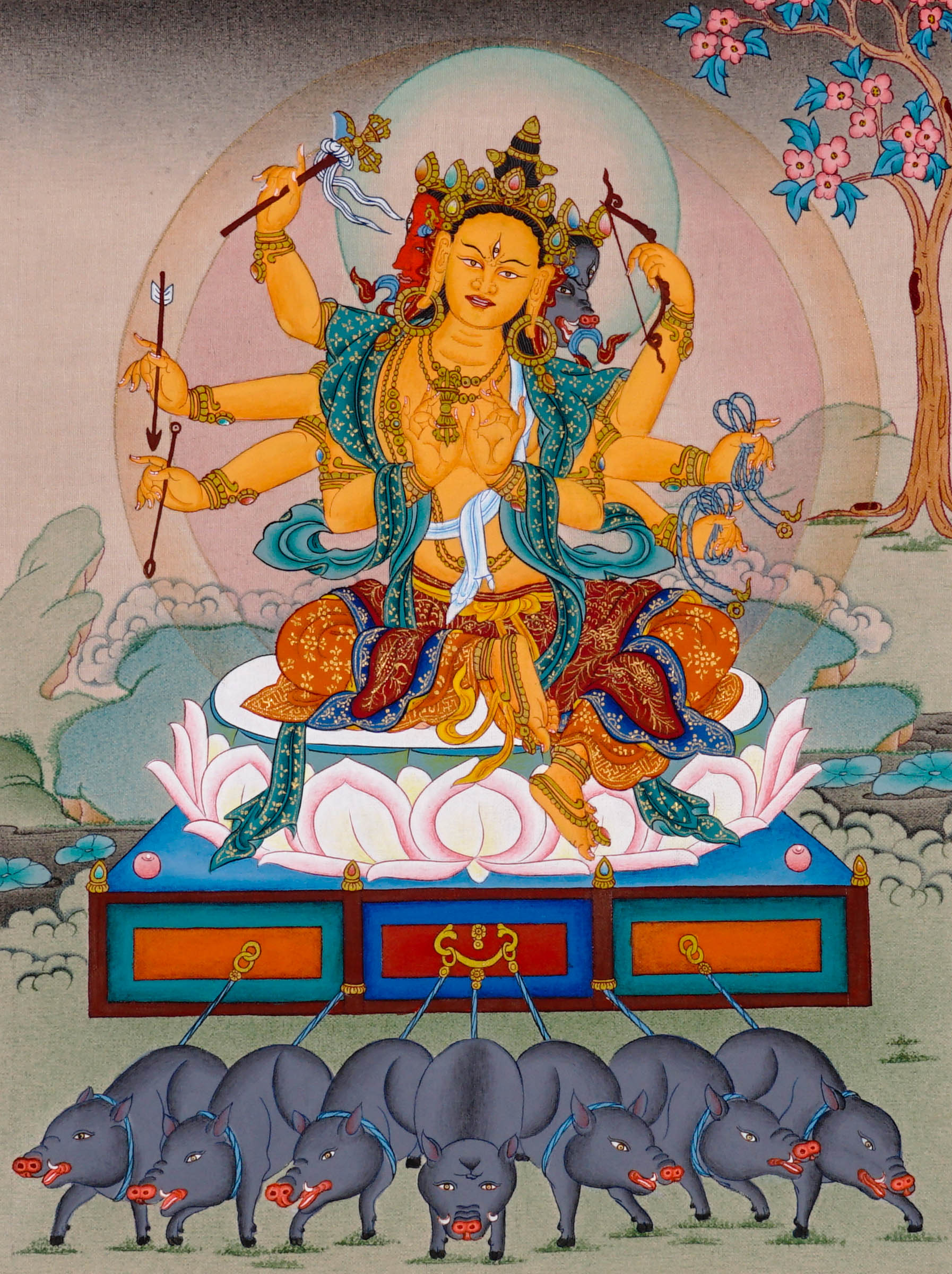 Marichi Oser Chenma thangka painting featuring the Buddhist goddess of light seated on a lotus throne with multiple arms, sacred implements, radiant halo and boar-drawn chariot