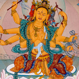 Marichi Oser Chenma thangka painting featuring the Buddhist goddess of light seated on a lotus throne with multiple arms, sacred implements, radiant halo and boar-drawn chariot