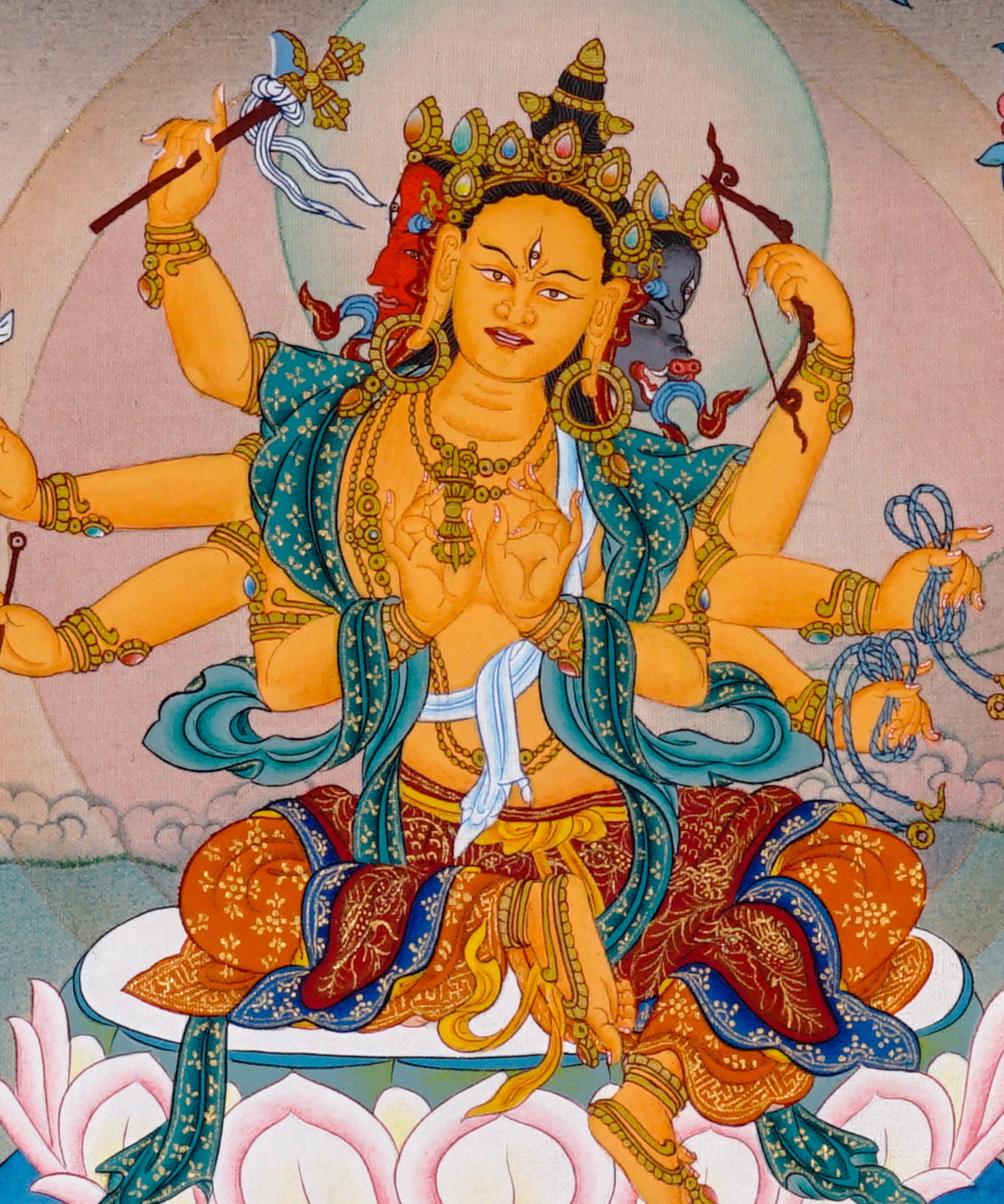 Marichi Oser Chenma thangka painting featuring the Buddhist goddess of light seated on a lotus throne with multiple arms, sacred implements, radiant halo and boar-drawn chariot