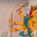 Marichi Oser Chenma thangka painting featuring the Buddhist goddess of light seated on a lotus throne with multiple arms, sacred implements, radiant halo and boar-drawn chariot