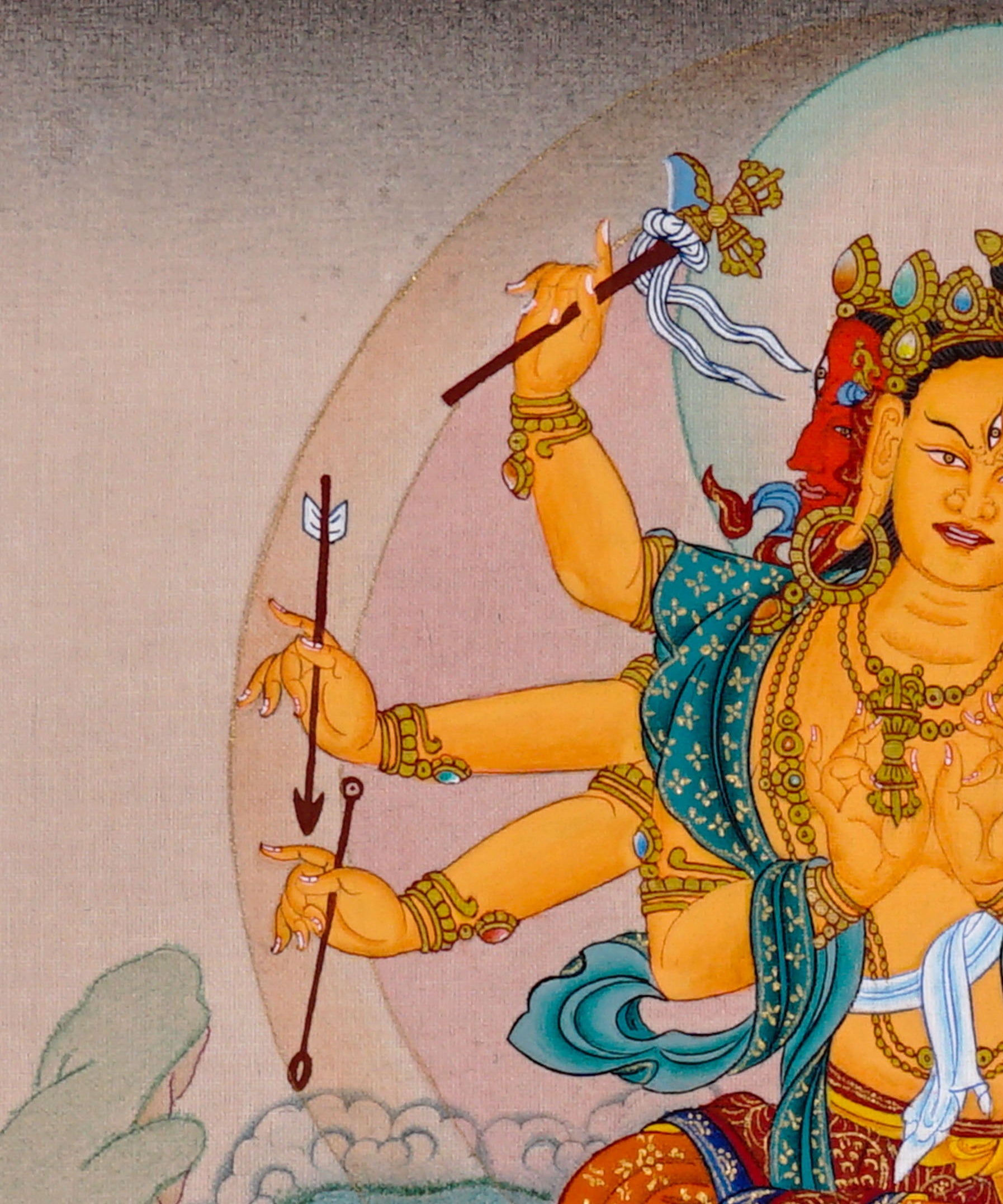 Marichi Oser Chenma thangka painting featuring the Buddhist goddess of light seated on a lotus throne with multiple arms, sacred implements, radiant halo and boar-drawn chariot