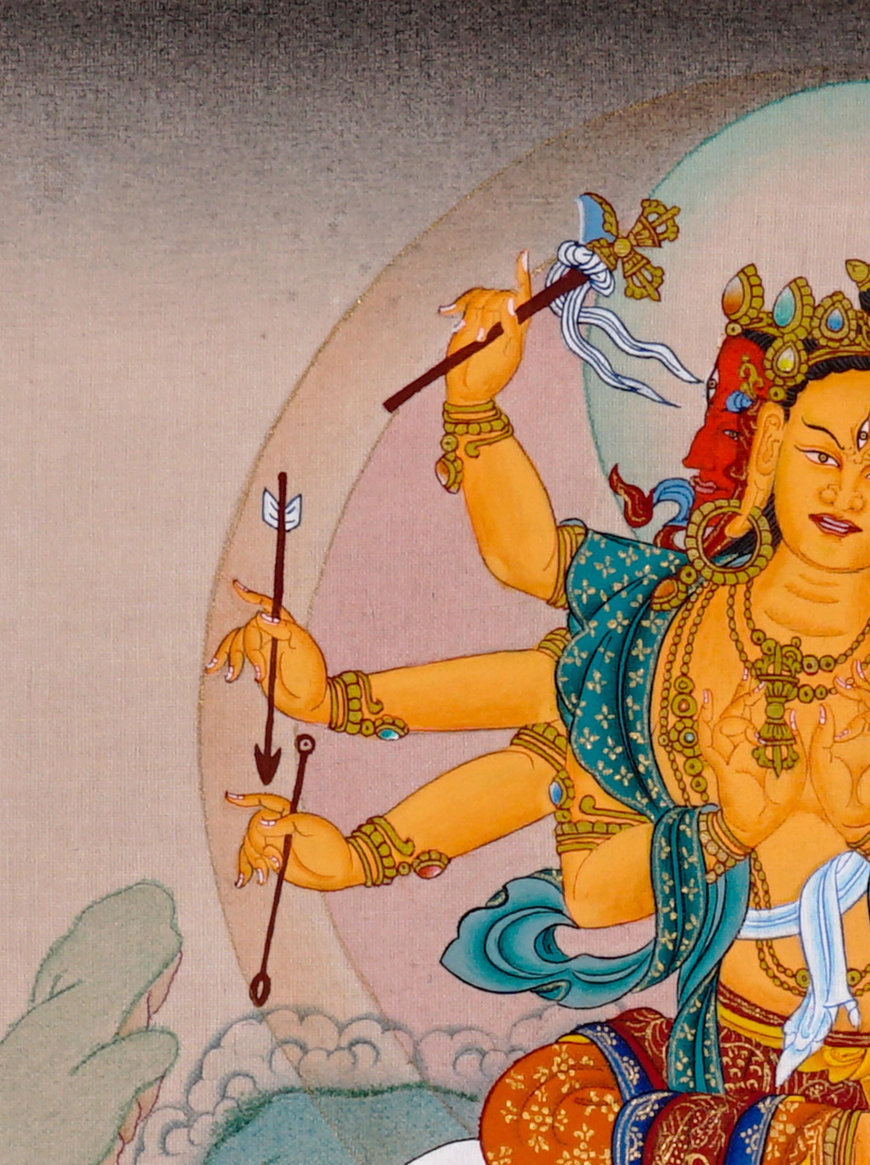 Marichi Oser Chenma thangka painting featuring the Buddhist goddess of light seated on a lotus throne with multiple arms, sacred implements, radiant halo and boar-drawn chariot