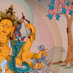 Marichi Oser Chenma thangka painting featuring the Buddhist goddess of light seated on a lotus throne with multiple arms, sacred implements, radiant halo and boar-drawn chariot