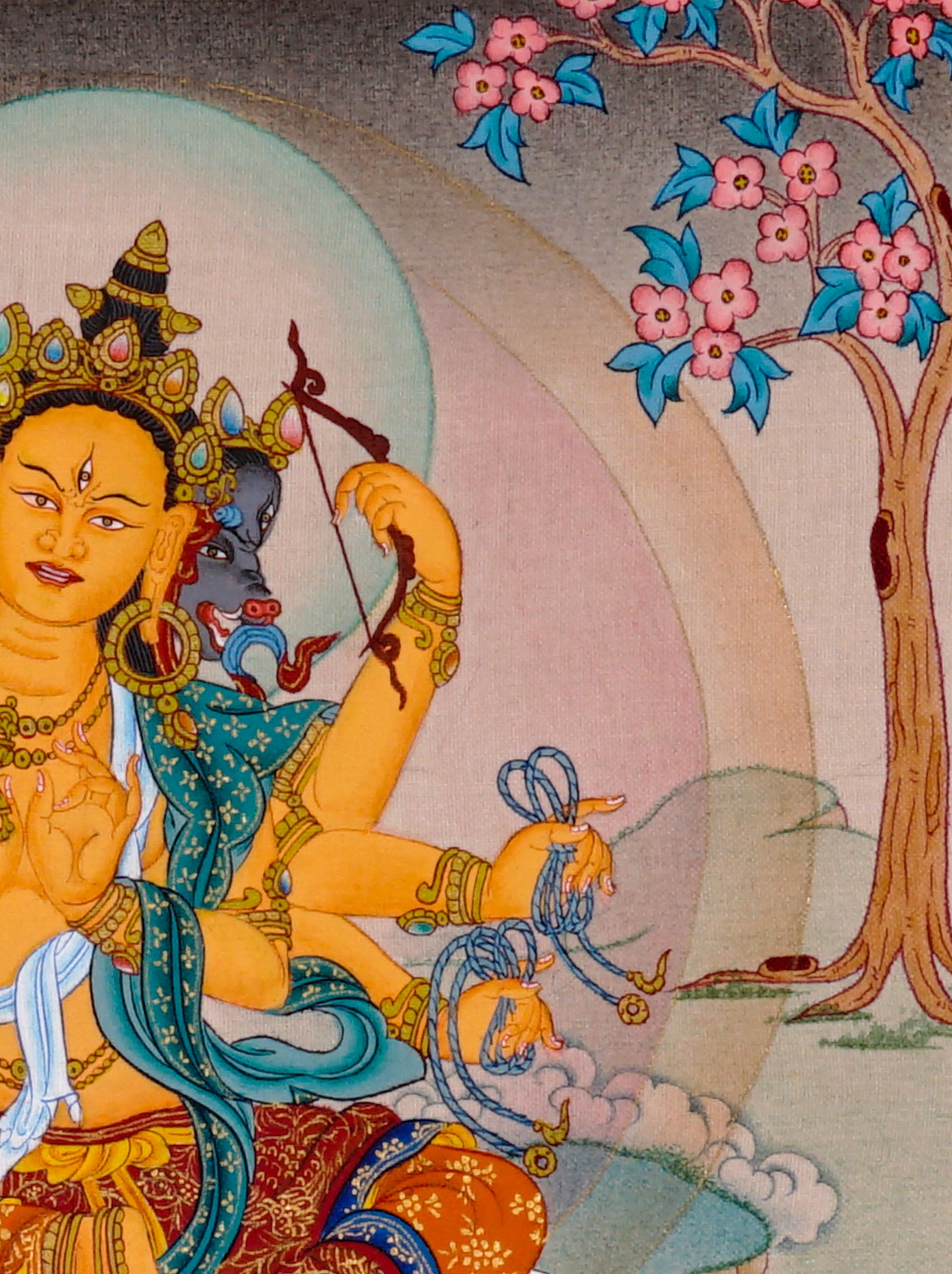 Marichi Oser Chenma thangka painting featuring the Buddhist goddess of light seated on a lotus throne with multiple arms, sacred implements, radiant halo and boar-drawn chariot