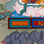 Marichi Oser Chenma thangka painting featuring the Buddhist goddess of light seated on a lotus throne with multiple arms, sacred implements, radiant halo and boar-drawn chariot