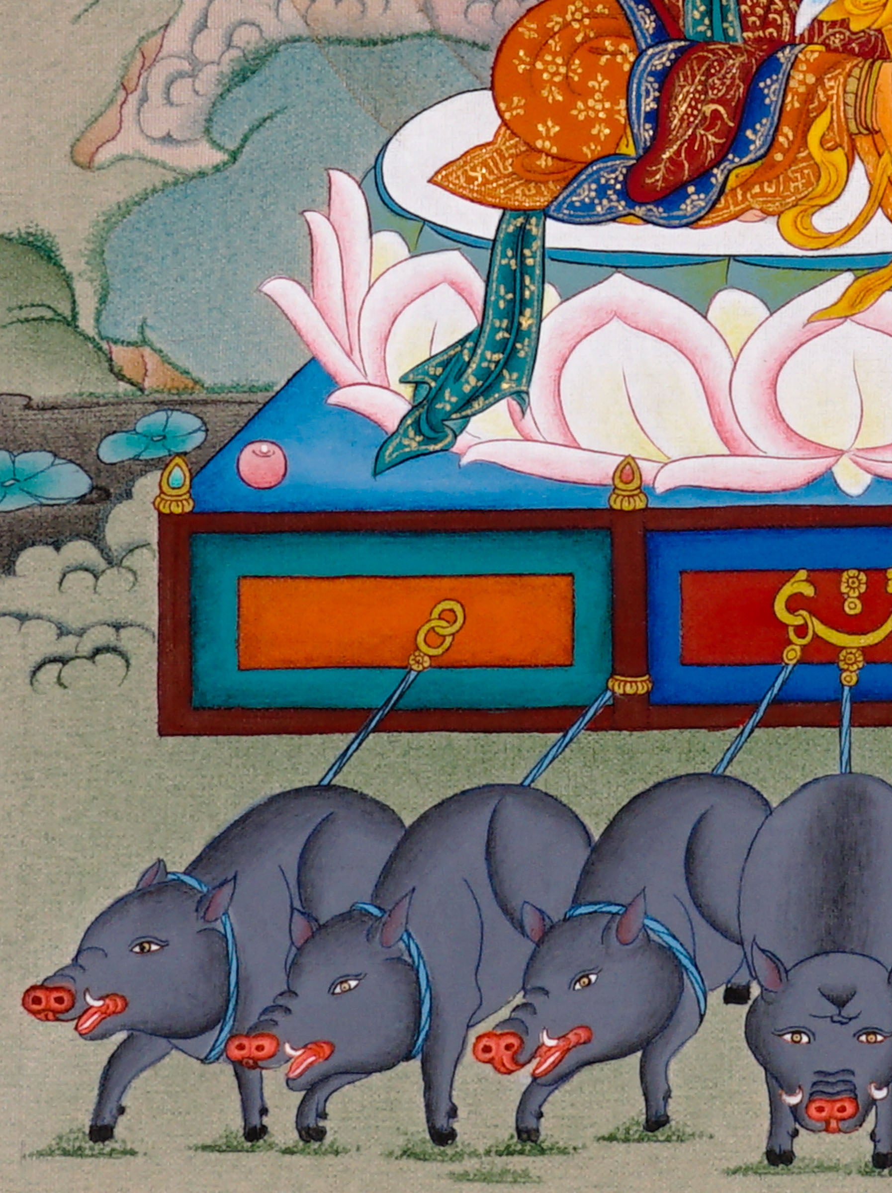 Marichi Oser Chenma thangka painting featuring the Buddhist goddess of light seated on a lotus throne with multiple arms, sacred implements, radiant halo and boar-drawn chariot