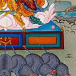 Marichi Oser Chenma thangka painting featuring the Buddhist goddess of light seated on a lotus throne with multiple arms, sacred implements, radiant halo and boar-drawn chariot