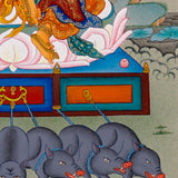 Marichi Oser Chenma thangka painting featuring the Buddhist goddess of light seated on a lotus throne with multiple arms, sacred implements, radiant halo and boar-drawn chariot