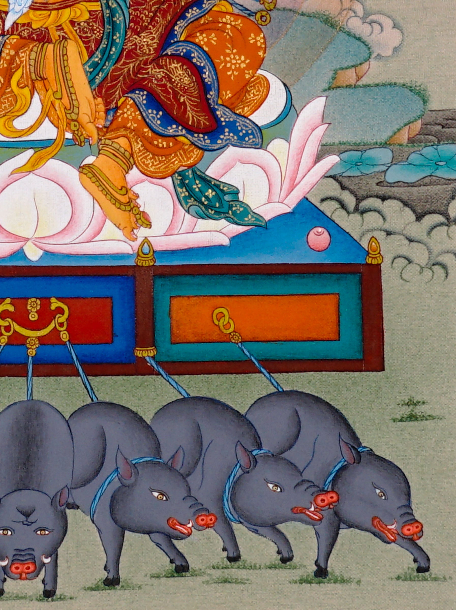 Marichi Oser Chenma thangka painting featuring the Buddhist goddess of light seated on a lotus throne with multiple arms, sacred implements, radiant halo and boar-drawn chariot