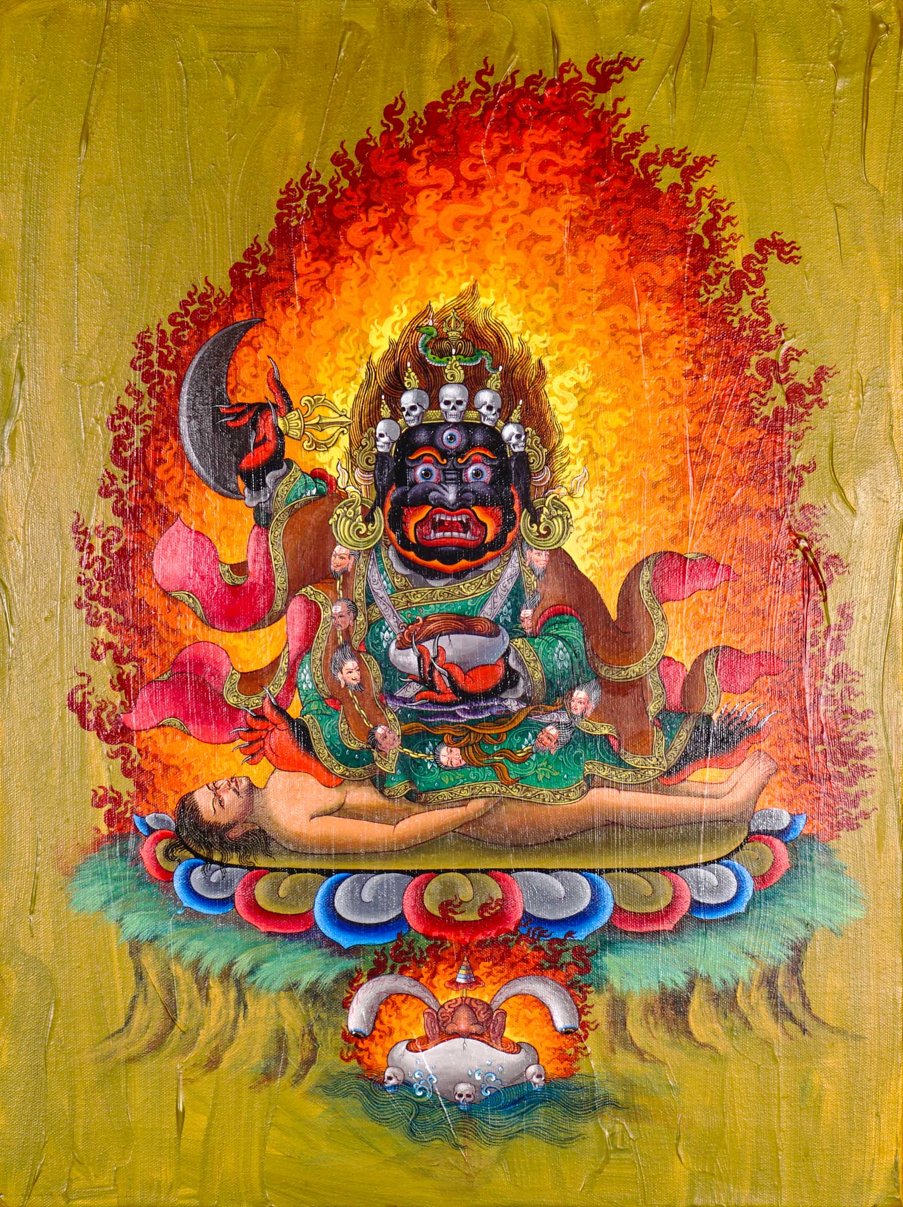 Mahakala Oil Painting showing a wrathful Tibetan Buddhist Dharma protector with black face, skull crown, curved knife, skull cup, flame aura, lotus base, offering symbols and golden textured background.