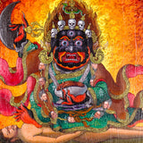 Mahakala Oil Painting showing a wrathful Tibetan Buddhist Dharma protector with black face, skull crown, curved knife, skull cup, flame aura, lotus base, offering symbols and golden textured background.