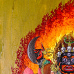 Mahakala Oil Painting showing a wrathful Tibetan Buddhist Dharma protector with black face, skull crown, curved knife, skull cup, flame aura, lotus base, offering symbols and golden textured background.