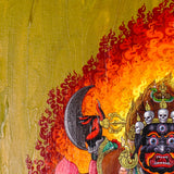 Mahakala Oil Painting showing a wrathful Tibetan Buddhist Dharma protector with black face, skull crown, curved knife, skull cup, flame aura, lotus base, offering symbols and golden textured background.