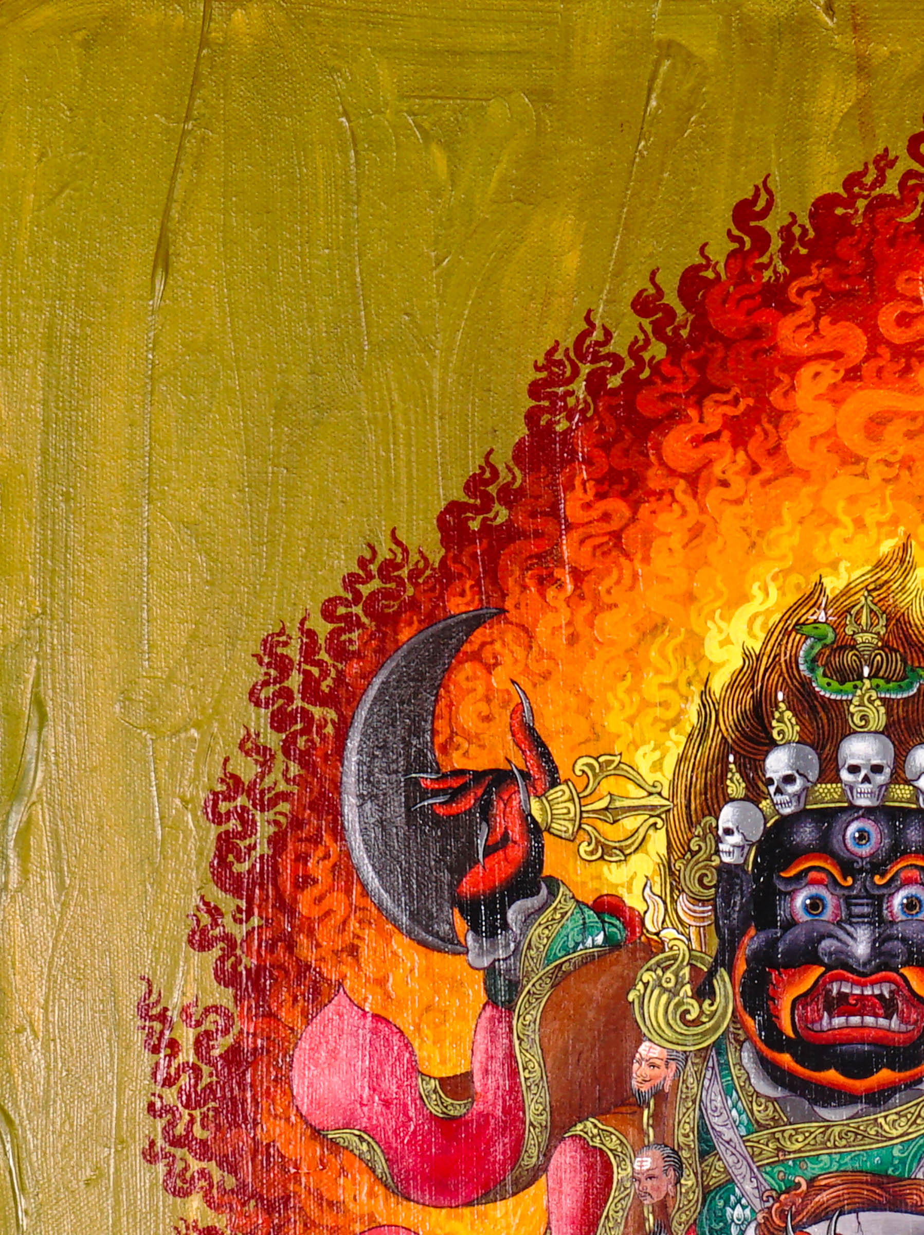 Mahakala Oil Painting showing a wrathful Tibetan Buddhist Dharma protector with black face, skull crown, curved knife, skull cup, flame aura, lotus base, offering symbols and golden textured background.
