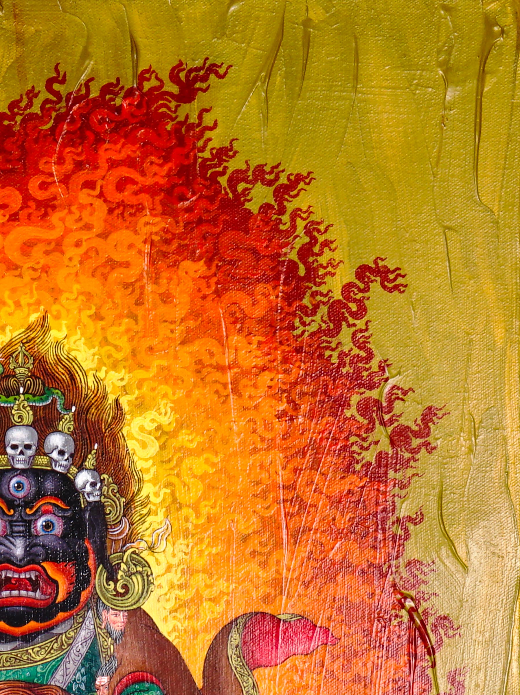 Mahakala Oil Painting showing a wrathful Tibetan Buddhist Dharma protector with black face, skull crown, curved knife, skull cup, flame aura, lotus base, offering symbols and golden textured background.