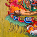 Mahakala Oil Painting showing a wrathful Tibetan Buddhist Dharma protector with black face, skull crown, curved knife, skull cup, flame aura, lotus base, offering symbols and golden textured background.