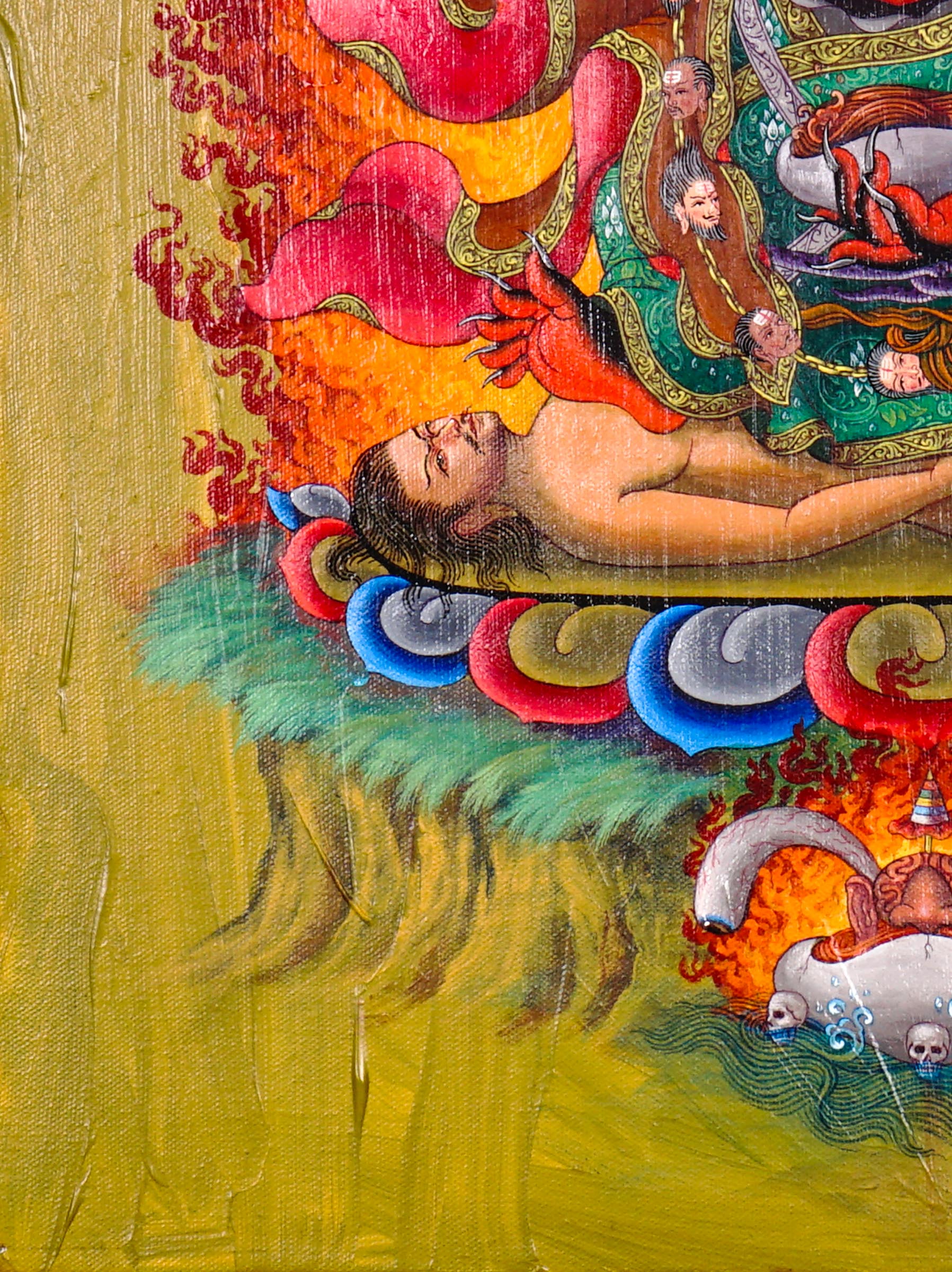 Mahakala Oil Painting showing a wrathful Tibetan Buddhist Dharma protector with black face, skull crown, curved knife, skull cup, flame aura, lotus base, offering symbols and golden textured background.