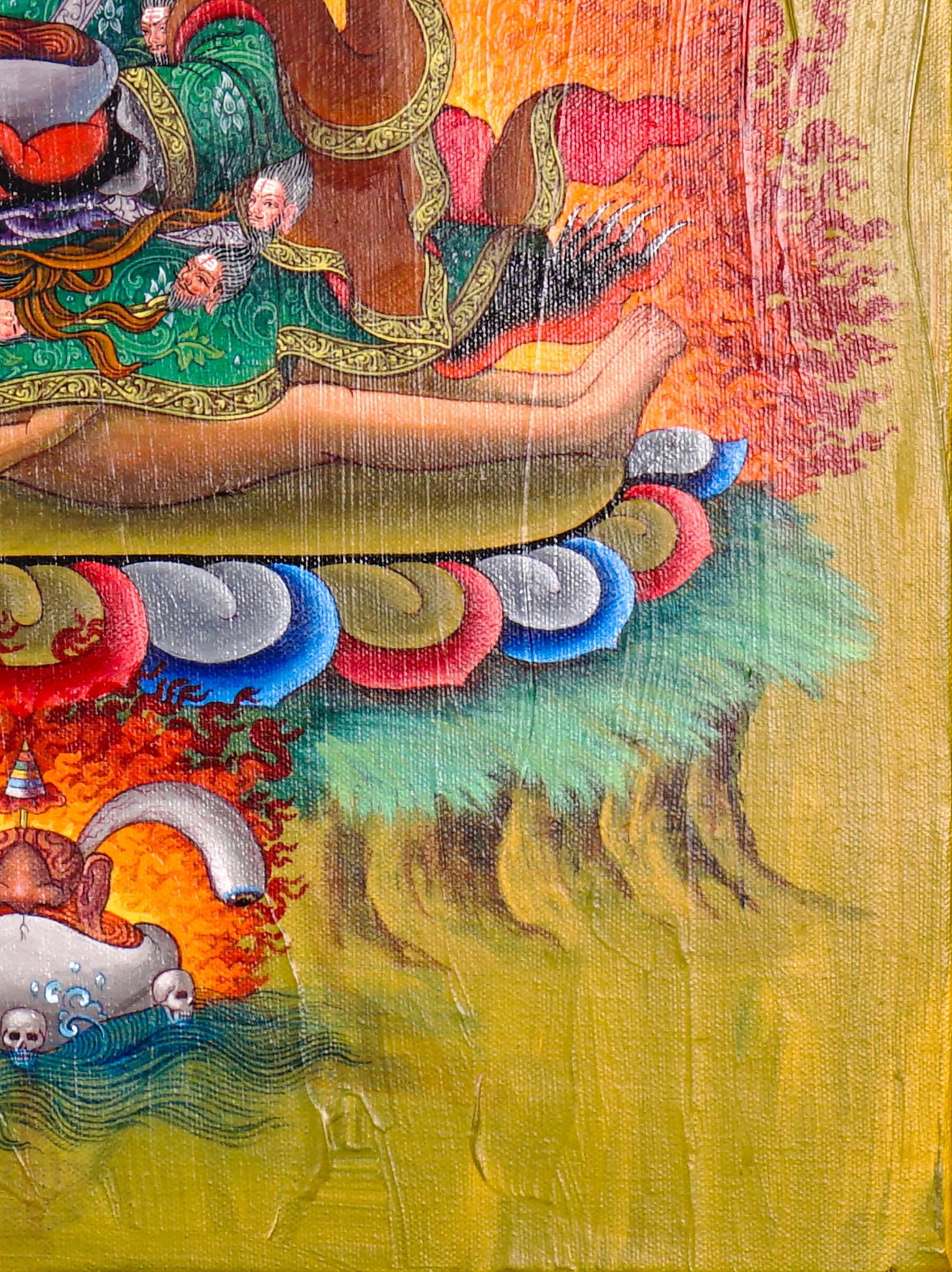 Mahakala Oil Painting showing a wrathful Tibetan Buddhist Dharma protector with black face, skull crown, curved knife, skull cup, flame aura, lotus base, offering symbols and golden textured background.