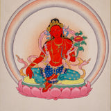 Red Tara thangka painting featuring Tara seated on a pink lotus throne with a lotus flower, radiant halo, ornaments