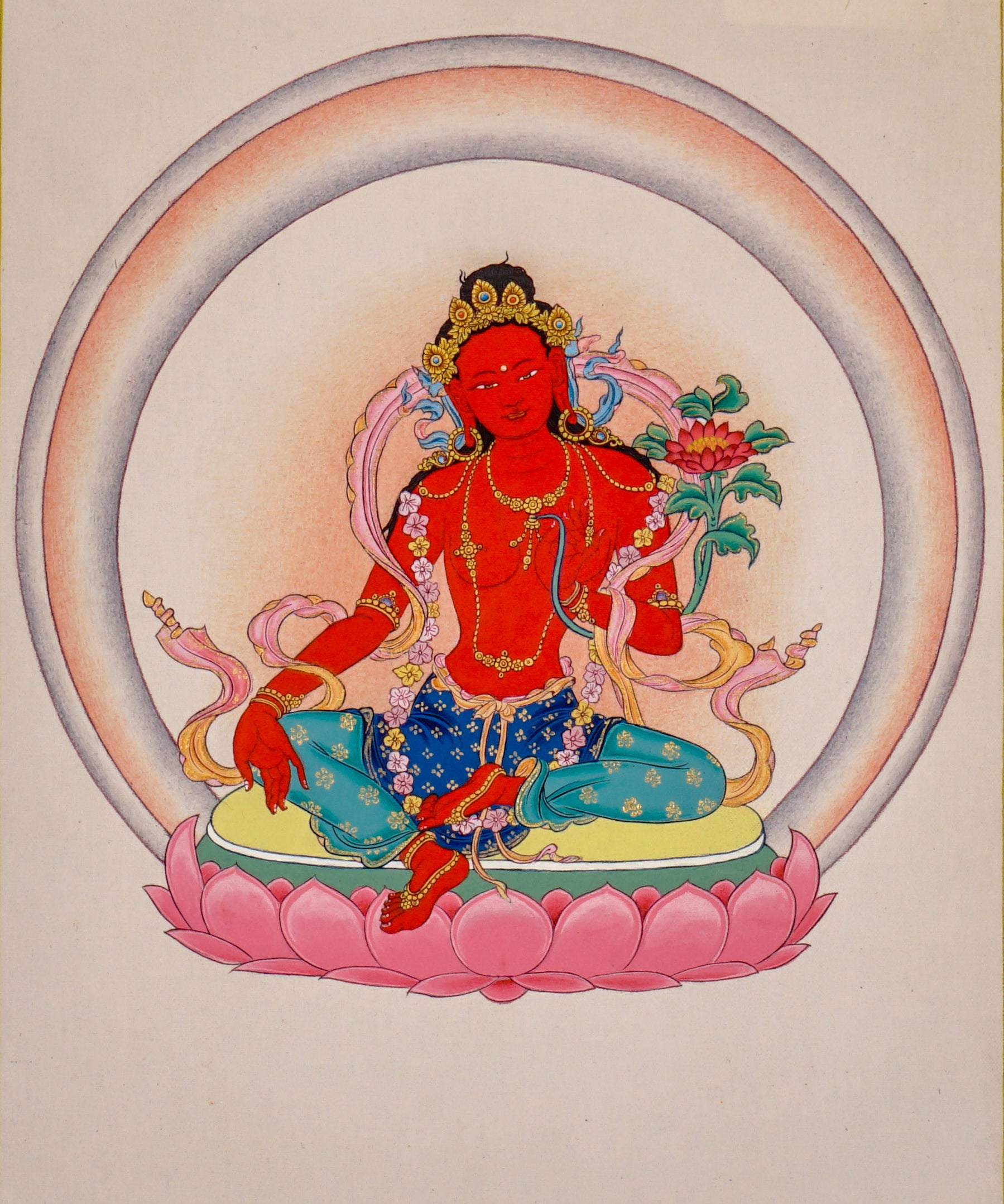 Red Tara thangka painting featuring Tara seated on a pink lotus throne with a lotus flower, radiant halo, ornaments