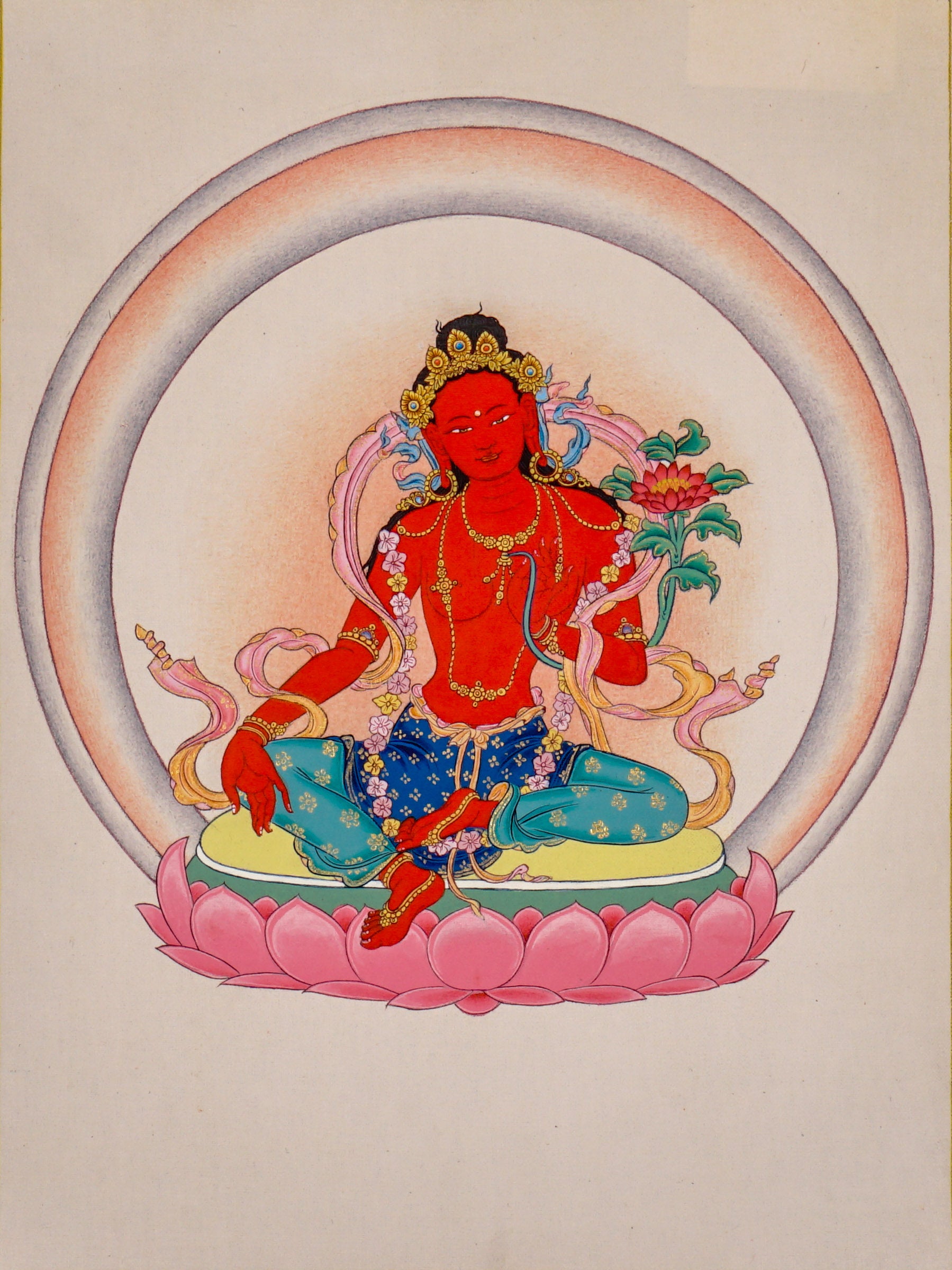 Red Tara thangka painting featuring Tara seated on a pink lotus throne with a lotus flower, radiant halo, ornaments