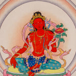 Red Tara thangka painting featuring Tara seated on a pink lotus throne with a lotus flower, radiant halo, ornaments