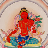 Red Tara thangka painting featuring Tara seated on a pink lotus throne with a lotus flower, radiant halo, ornaments