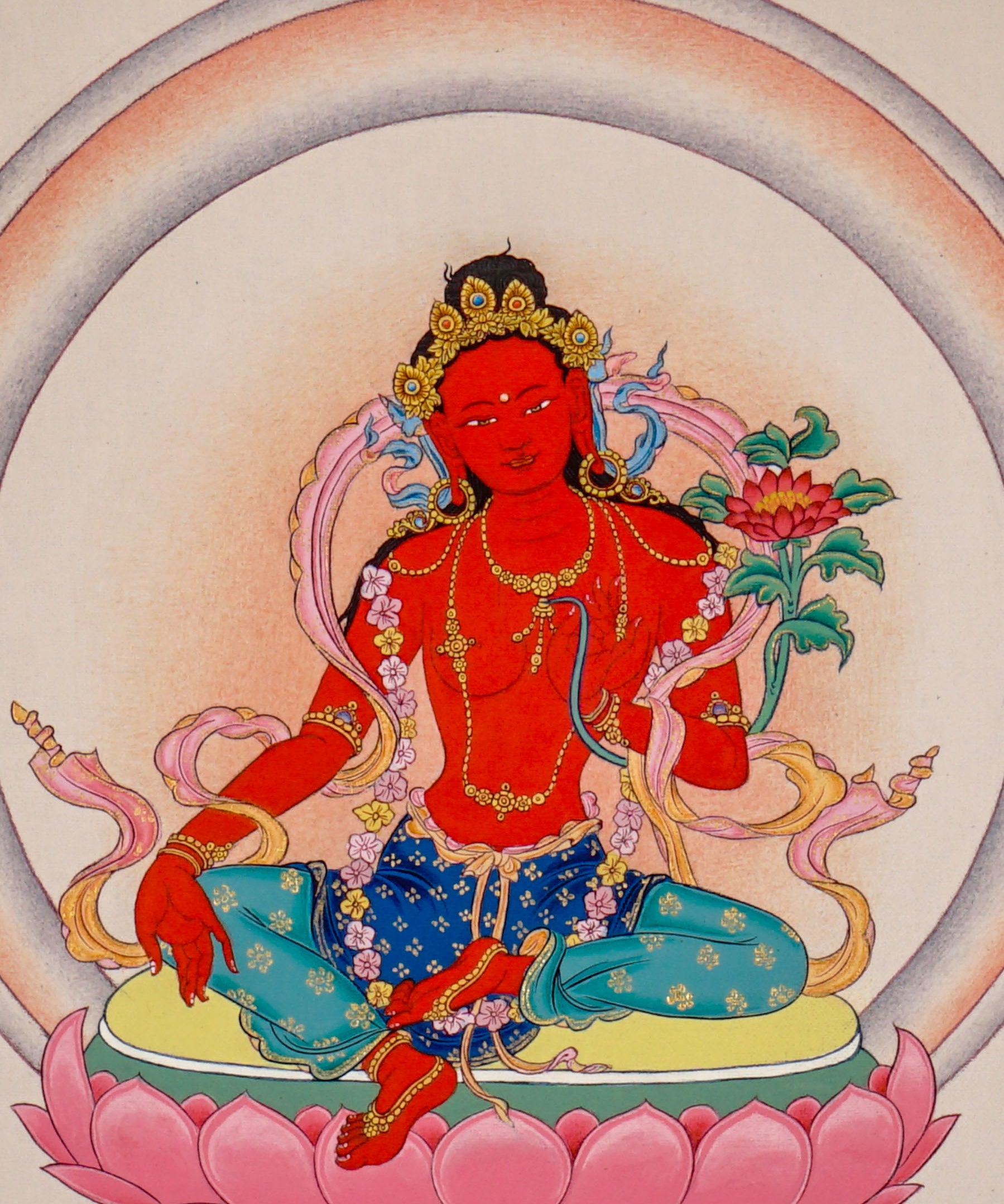 Red Tara thangka painting featuring Tara seated on a pink lotus throne with a lotus flower, radiant halo, ornaments