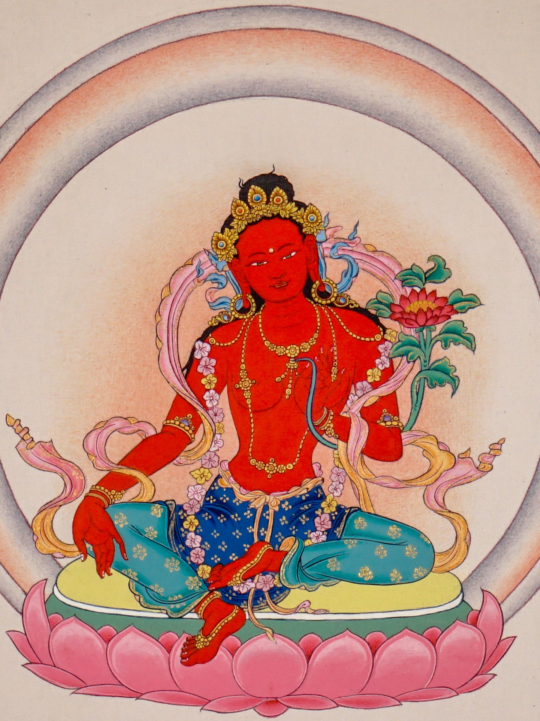 Red Tara thangka painting featuring Tara seated on a pink lotus throne with a lotus flower, radiant halo, ornaments
