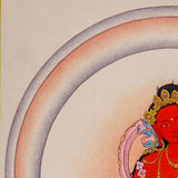 Red Tara thangka painting featuring Tara seated on a pink lotus throne with a lotus flower, radiant halo, ornaments