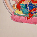 Red Tara thangka painting featuring Tara seated on a pink lotus throne with a lotus flower, radiant halo, ornaments