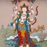 Standing Marichi Oser Chenma thangka painting featuring the Buddhist goddess of light standing on a lotus base.