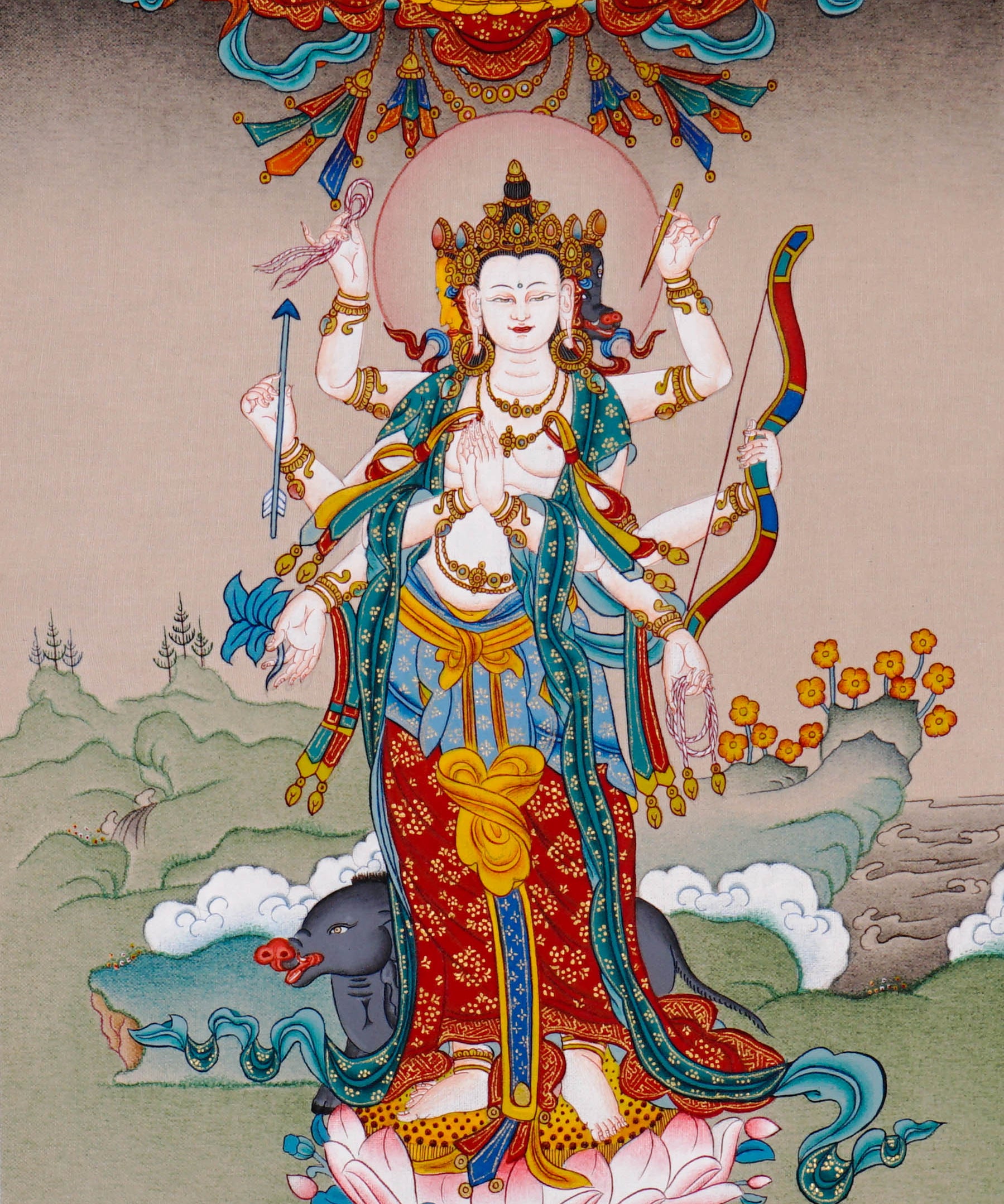Standing Marichi Oser Chenma thangka painting featuring the Buddhist goddess of light standing on a lotus base.