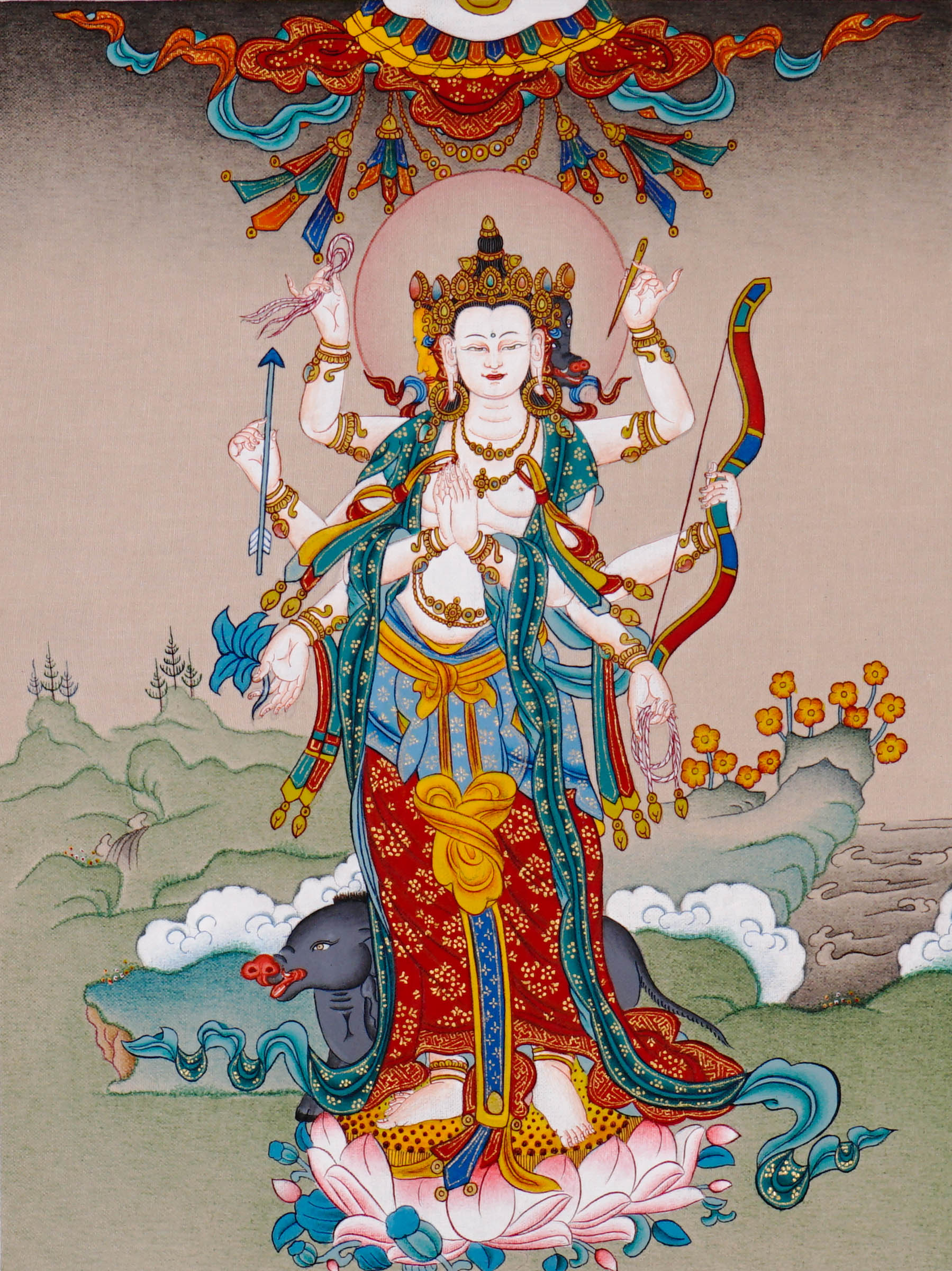 Standing Marichi Oser Chenma thangka painting featuring the Buddhist goddess of light standing on a lotus base.