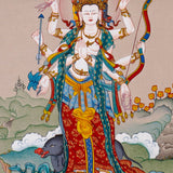Standing Marichi Oser Chenma thangka painting featuring the Buddhist goddess of light standing on a lotus base.