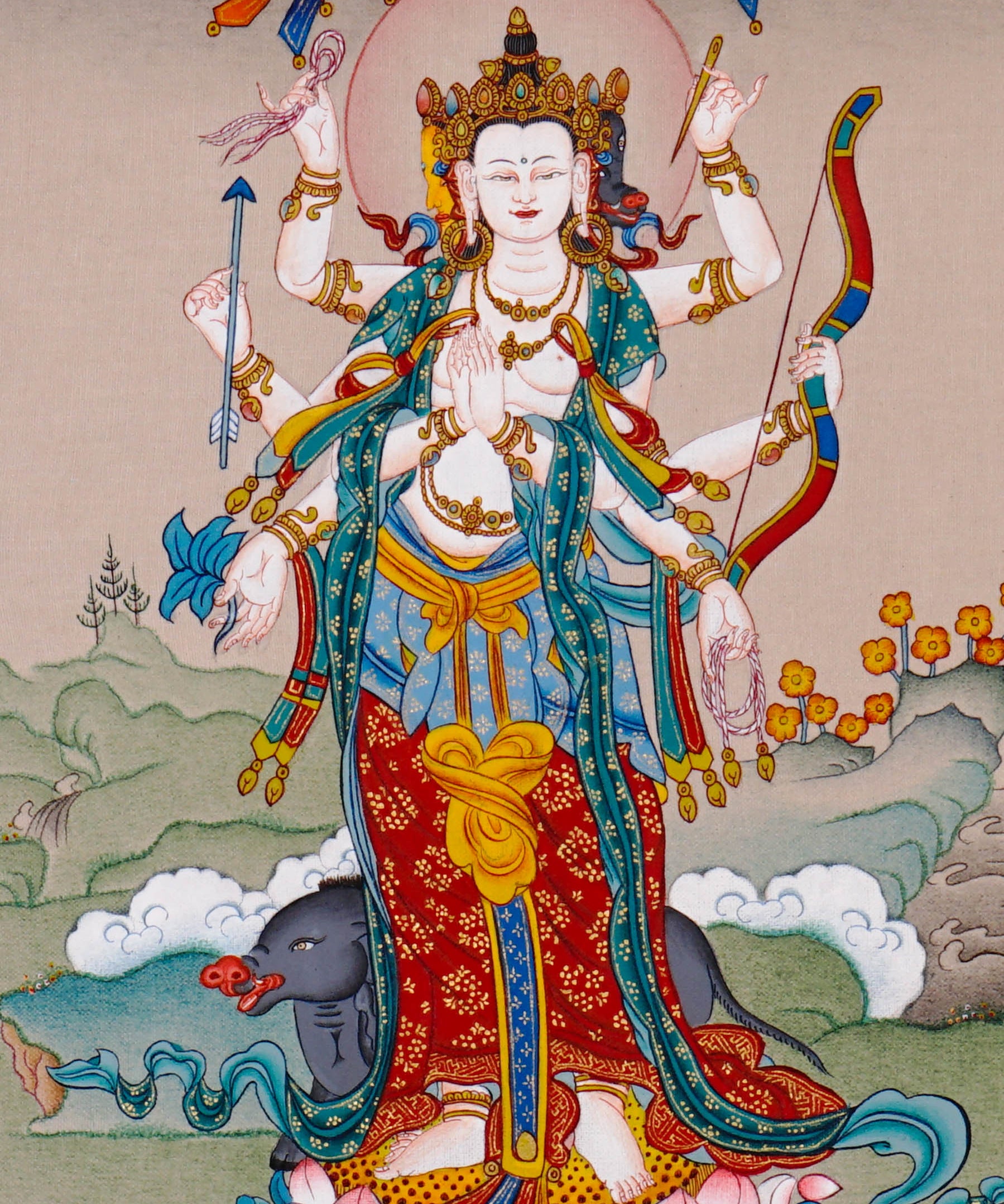 Standing Marichi Oser Chenma thangka painting featuring the Buddhist goddess of light standing on a lotus base.