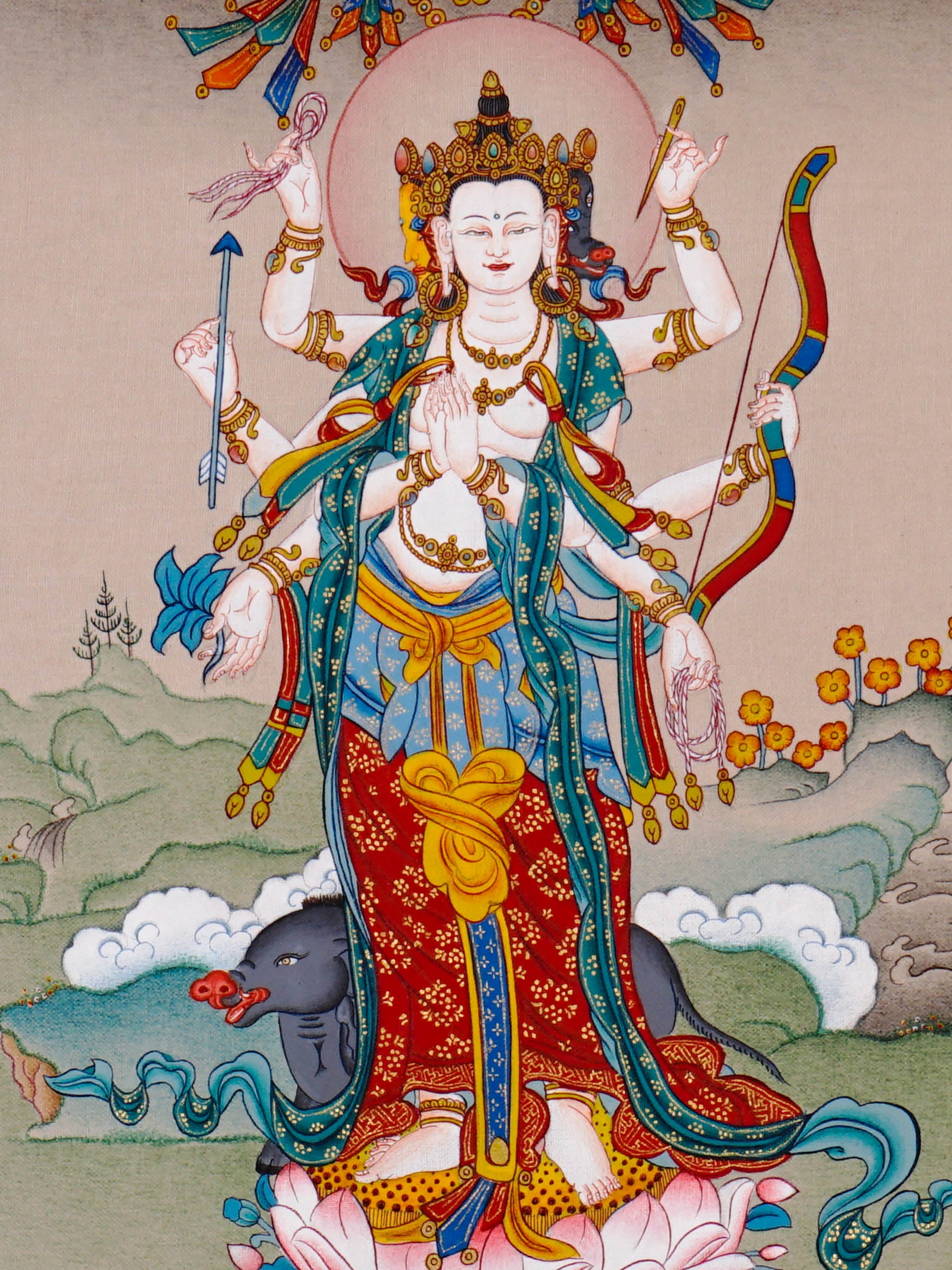 Standing Marichi Oser Chenma thangka painting featuring the Buddhist goddess of light standing on a lotus base.