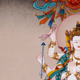 Standing Marichi Oser Chenma thangka painting featuring the Buddhist goddess of light standing on a lotus base.