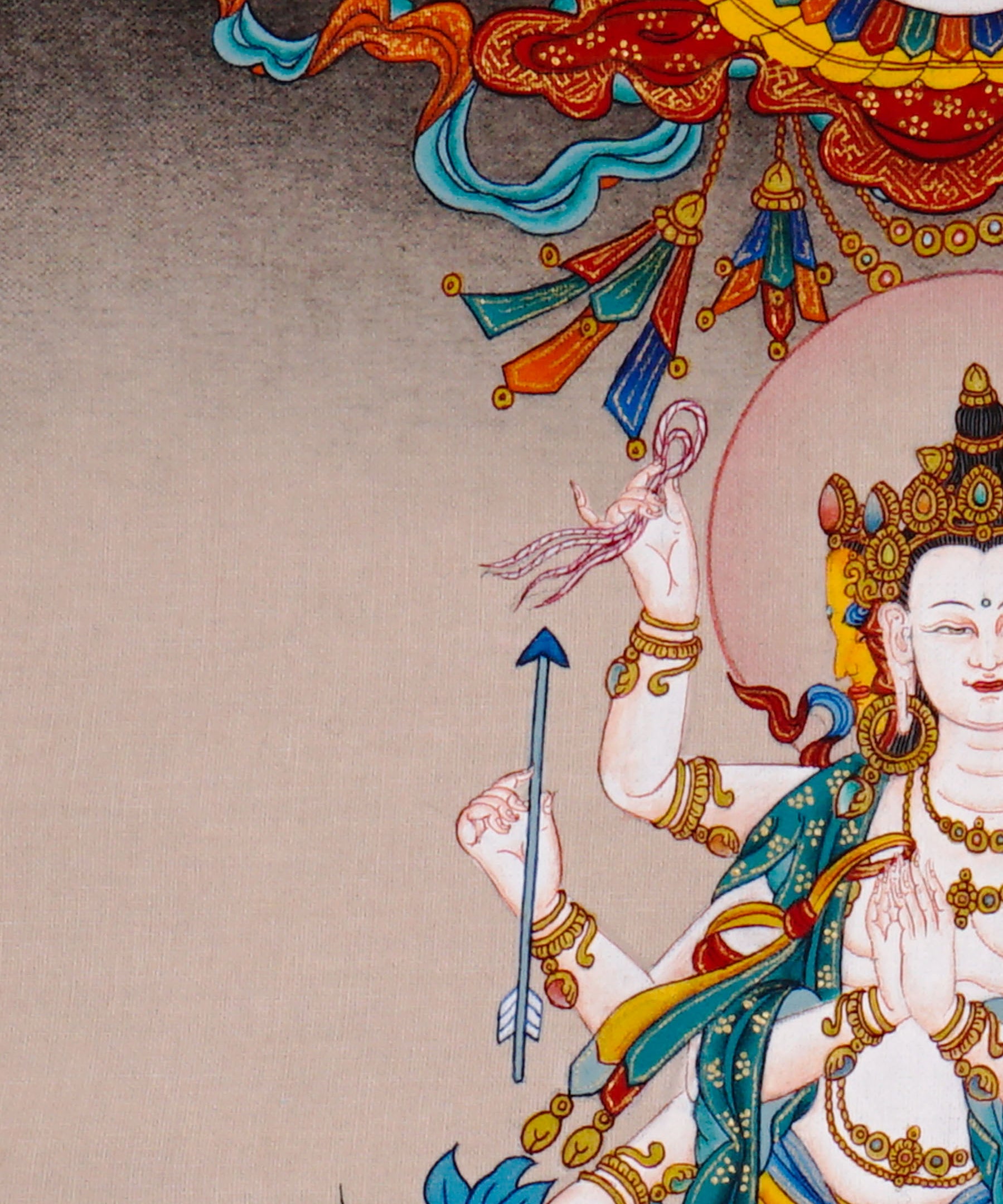 Standing Marichi Oser Chenma thangka painting featuring the Buddhist goddess of light standing on a lotus base.