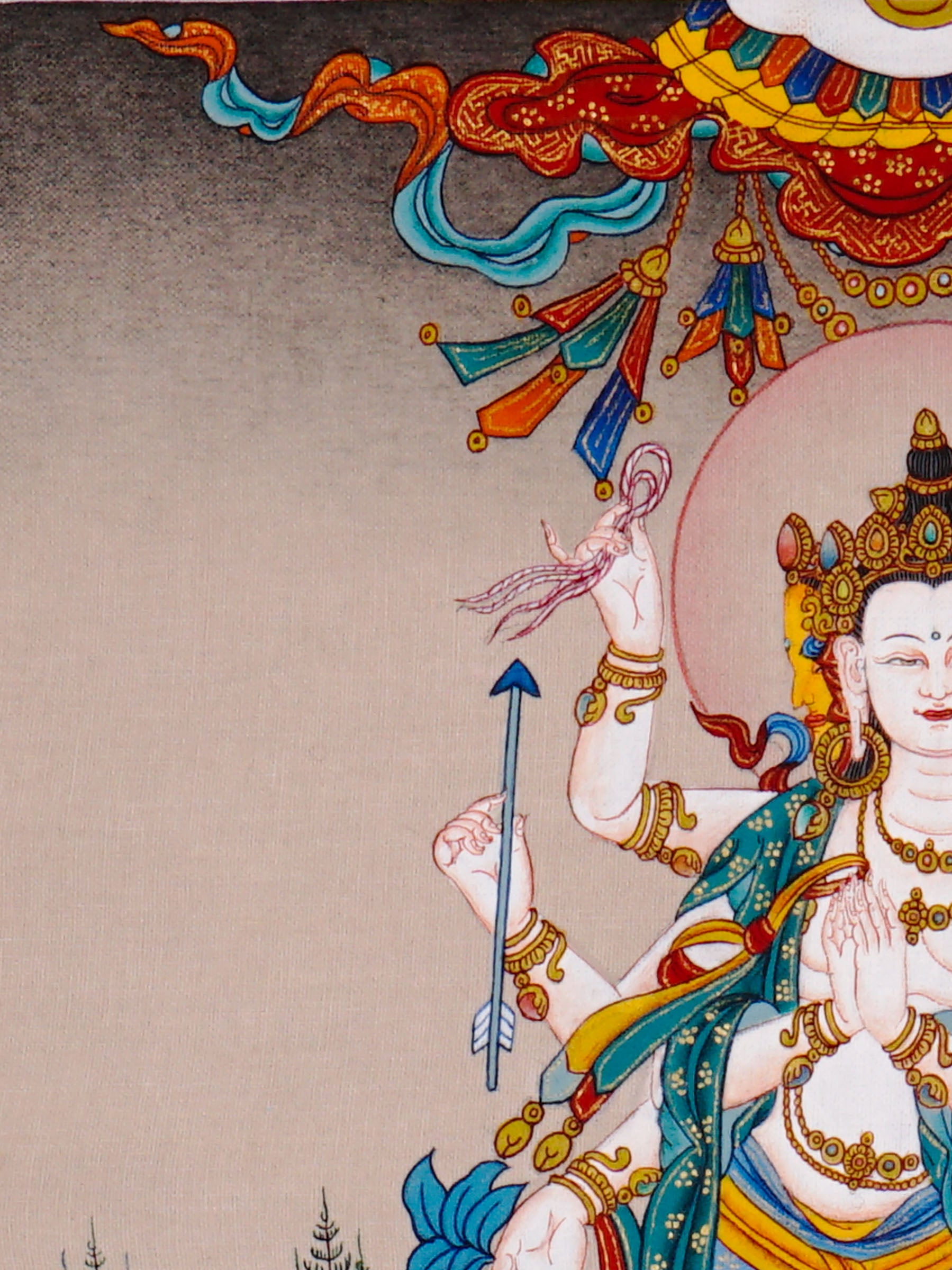 Standing Marichi Oser Chenma thangka painting featuring the Buddhist goddess of light standing on a lotus base.